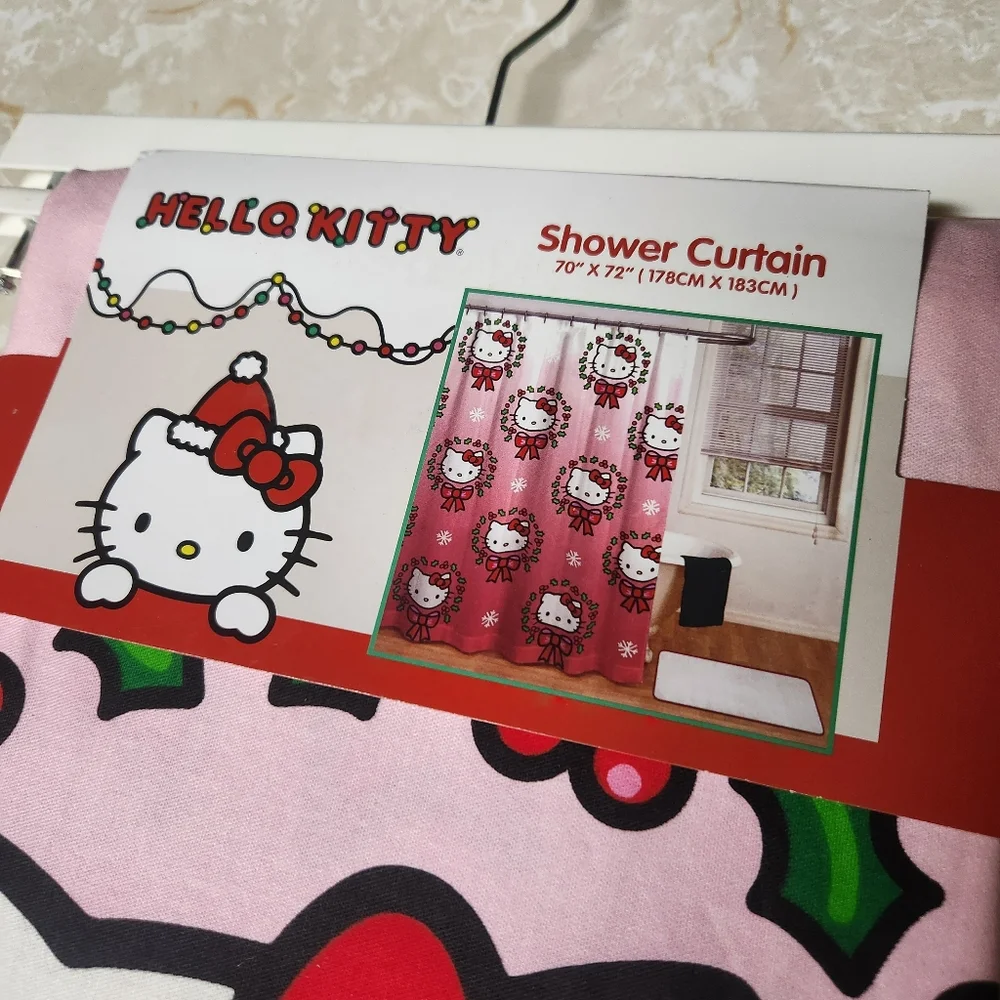Hello Kitty Christmas Bathroom Shower Set Curtain Hooks and 2pc Towel Set New